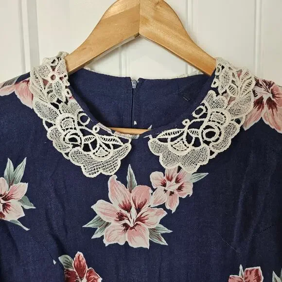 Vintage 90s Floral Dress Women Med Blue Lace Pleated Preppy Cottage Modest Retro - Picture 3 of 9